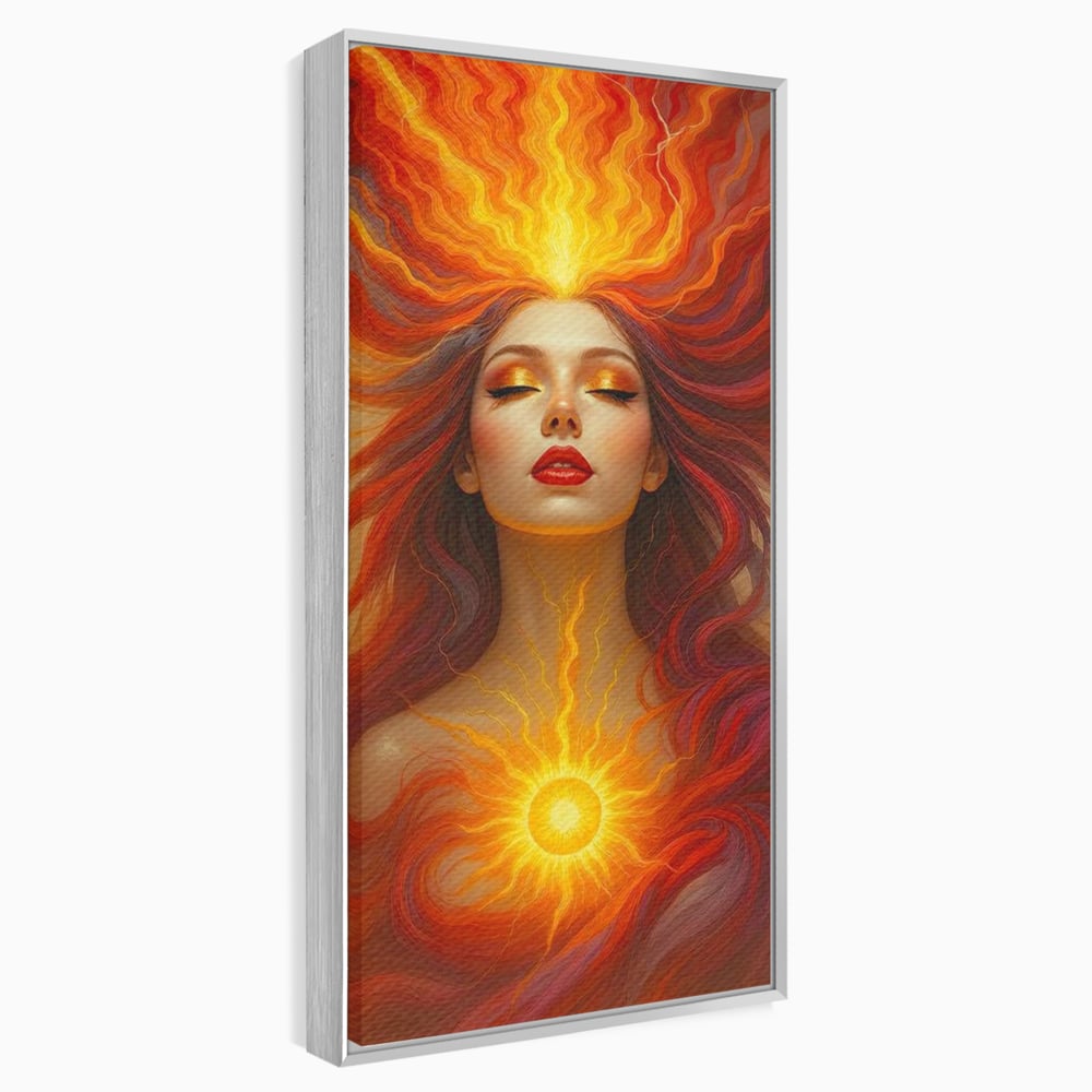 Leinwand Wandkunst Premium, LuxCanva® G1158, Göttin des Feuers, Flammen, Sonne, Chakren, Rot, Gold, Energie, Solar, Strahlen, Reinheit, Symbolik, Mystik, Aura, Meditation, Zen, Büro, Wohnen, Schlafzimmer