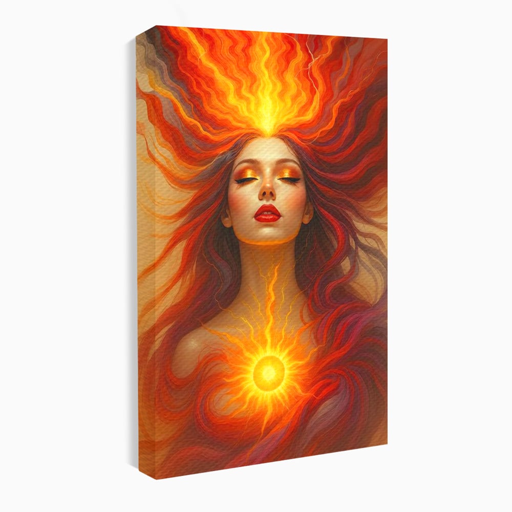 Leinwand Wandkunst Premium, LuxCanva® G1158, Göttin des Feuers, Flammen, Sonne, Chakren, Rot, Gold, Energie, Solar, Strahlen, Reinheit, Symbolik, Mystik, Aura, Meditation, Zen, Büro, Wohnen, Schlafzimmer