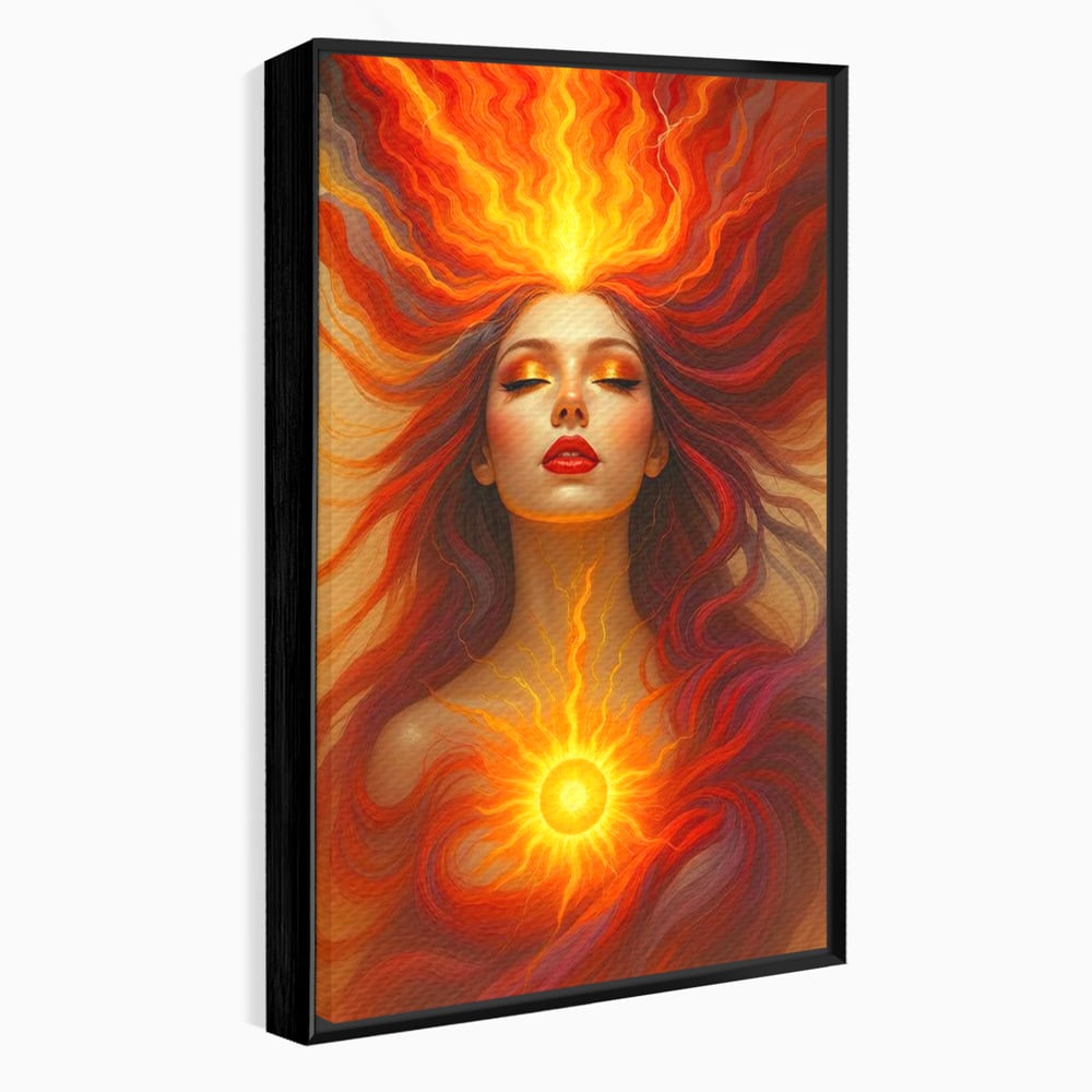 Leinwand Wandkunst Premium, LuxCanva® G1158, Göttin des Feuers, Flammen, Sonne, Chakren, Rot, Gold, Energie, Solar, Strahlen, Reinheit, Symbolik, Mystik, Aura, Meditation, Zen, Büro, Wohnen, Schlafzimmer