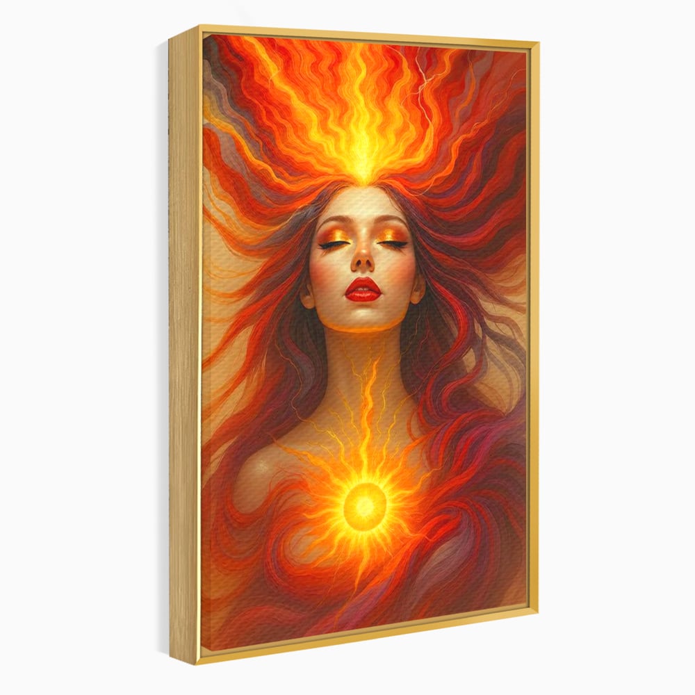 Leinwand Wandkunst Premium, LuxCanva® G1158, Göttin des Feuers, Flammen, Sonne, Chakren, Rot, Gold, Energie, Solar, Strahlen, Reinheit, Symbolik, Mystik, Aura, Meditation, Zen, Büro, Wohnen, Schlafzimmer