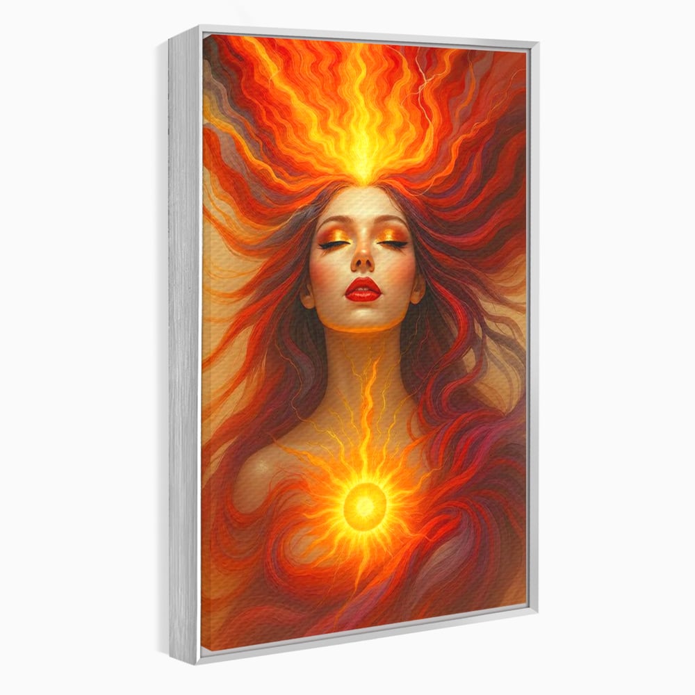 Leinwand Wandkunst Premium, LuxCanva® G1158, Göttin des Feuers, Flammen, Sonne, Chakren, Rot, Gold, Energie, Solar, Strahlen, Reinheit, Symbolik, Mystik, Aura, Meditation, Zen, Büro, Wohnen, Schlafzimmer