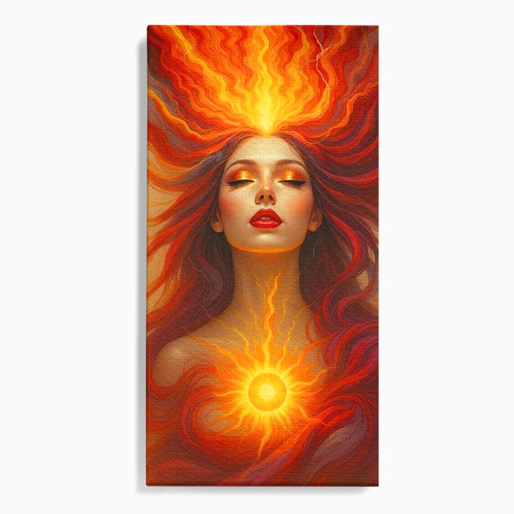 Leinwand Wandkunst Premium, LuxCanva® G1158, Göttin des Feuers, Flammen, Sonne, Chakren, Rot, Gold, Energie, Solar, Strahlen, Reinheit, Symbolik, Mystik, Aura, Meditation, Zen, Büro, Wohnen, Schlafzimmer