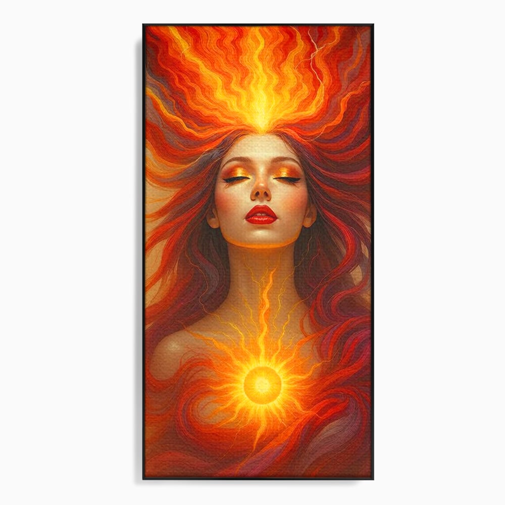 Leinwand Wandkunst Premium, LuxCanva® G1158, Göttin des Feuers, Flammen, Sonne, Chakren, Rot, Gold, Energie, Solar, Strahlen, Reinheit, Symbolik, Mystik, Aura, Meditation, Zen, Büro, Wohnen, Schlafzimmer