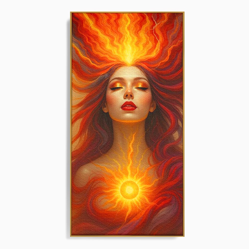 Leinwand Wandkunst Premium, LuxCanva® G1158, Göttin des Feuers, Flammen, Sonne, Chakren, Rot, Gold, Energie, Solar, Strahlen, Reinheit, Symbolik, Mystik, Aura, Meditation, Zen, Büro, Wohnen, Schlafzimmer