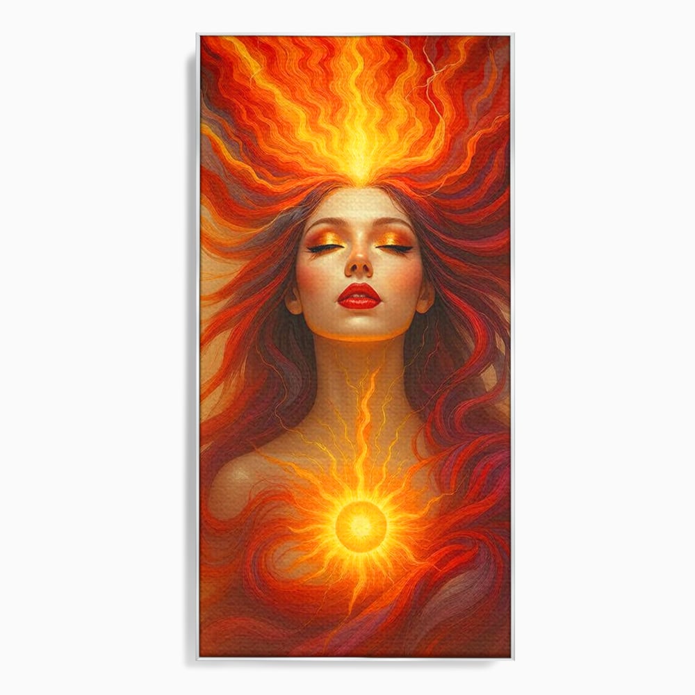 Leinwand Wandkunst Premium, LuxCanva® G1158, Göttin des Feuers, Flammen, Sonne, Chakren, Rot, Gold, Energie, Solar, Strahlen, Reinheit, Symbolik, Mystik, Aura, Meditation, Zen, Büro, Wohnen, Schlafzimmer