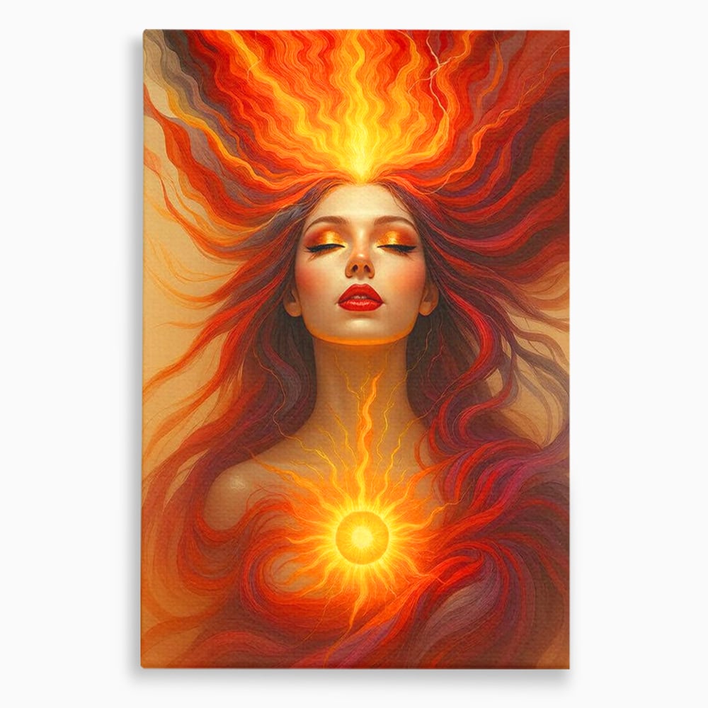 Leinwand Wandkunst Premium, LuxCanva® G1158, Göttin des Feuers, Flammen, Sonne, Chakren, Rot, Gold, Energie, Solar, Strahlen, Reinheit, Symbolik, Mystik, Aura, Meditation, Zen, Büro, Wohnen, Schlafzimmer