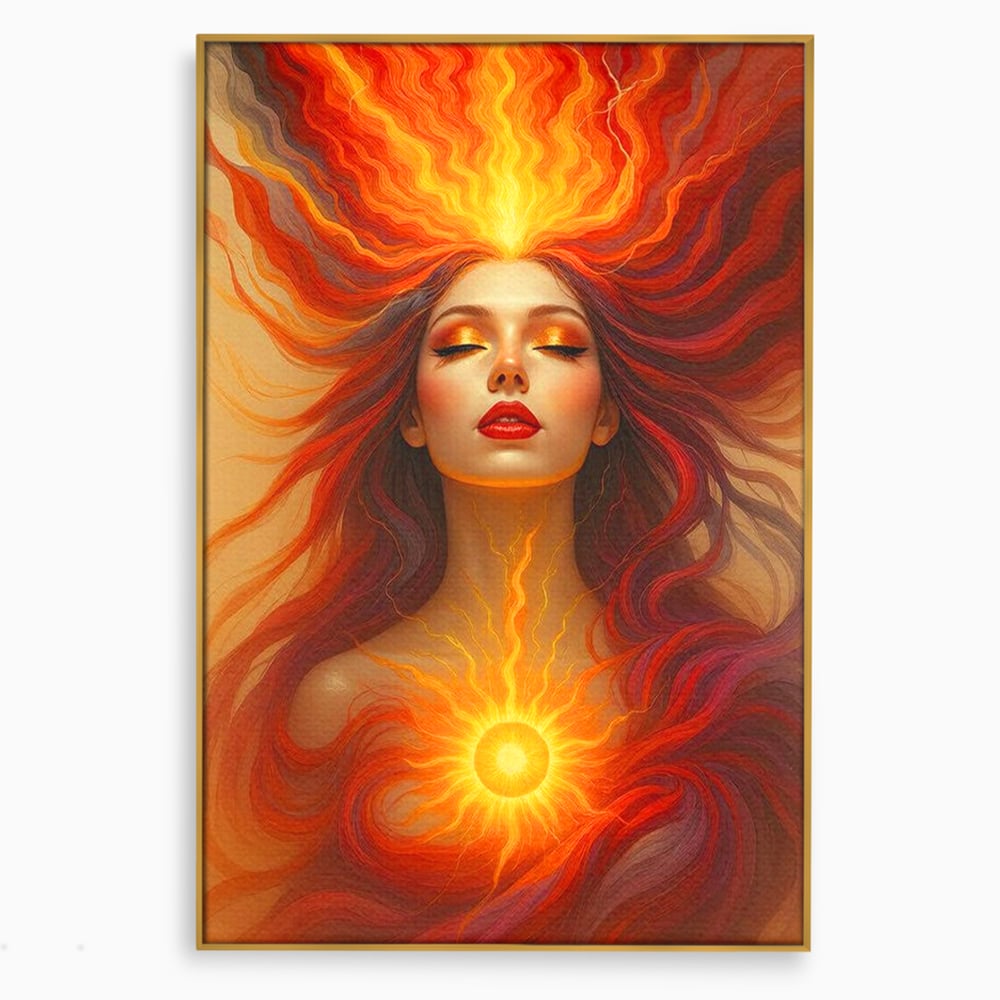 Leinwand Wandkunst Premium, LuxCanva® G1158, Göttin des Feuers, Flammen, Sonne, Chakren, Rot, Gold, Energie, Solar, Strahlen, Reinheit, Symbolik, Mystik, Aura, Meditation, Zen, Büro, Wohnen, Schlafzimmer