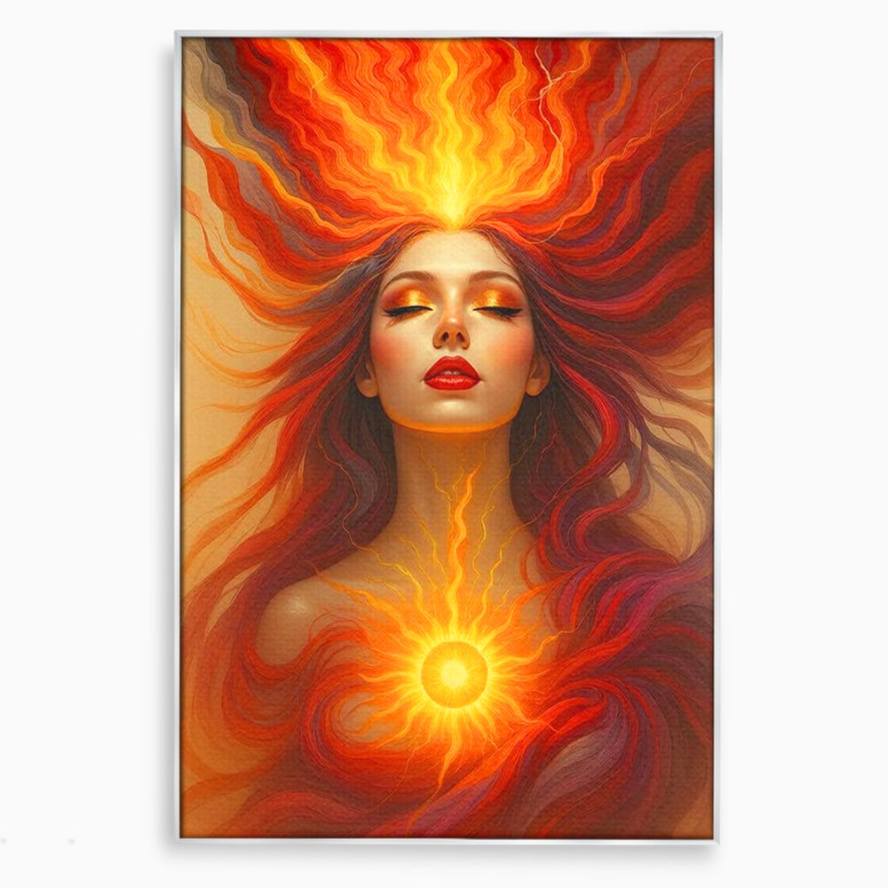 Leinwand Wandkunst Premium, LuxCanva® G1158, Göttin des Feuers, Flammen, Sonne, Chakren, Rot, Gold, Energie, Solar, Strahlen, Reinheit, Symbolik, Mystik, Aura, Meditation, Zen, Büro, Wohnen, Schlafzimmer