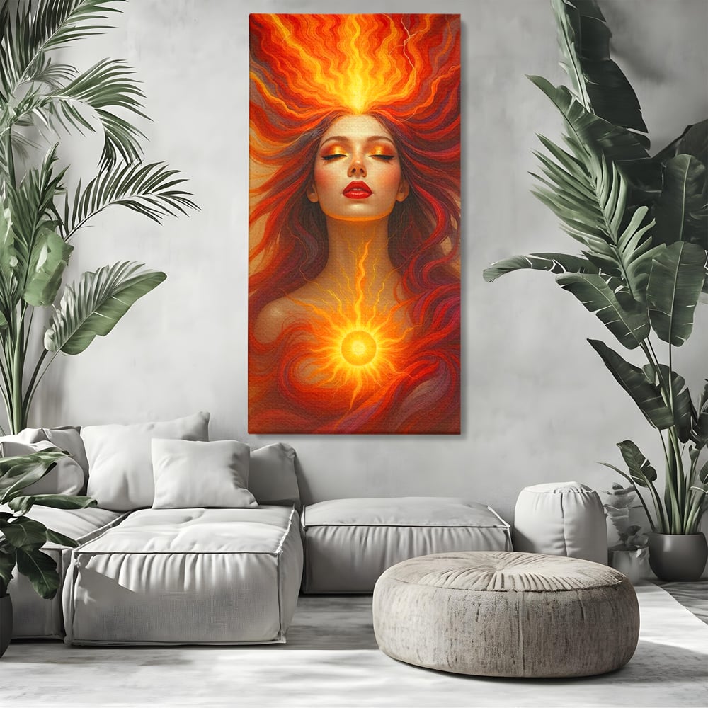 Leinwand Wandkunst Premium, LuxCanva® G1158, Göttin des Feuers, Flammen, Sonne, Chakren, Rot, Gold, Energie, Solar, Strahlen, Reinheit, Symbolik, Mystik, Aura, Meditation, Zen, Büro, Wohnen, Schlafzimmer