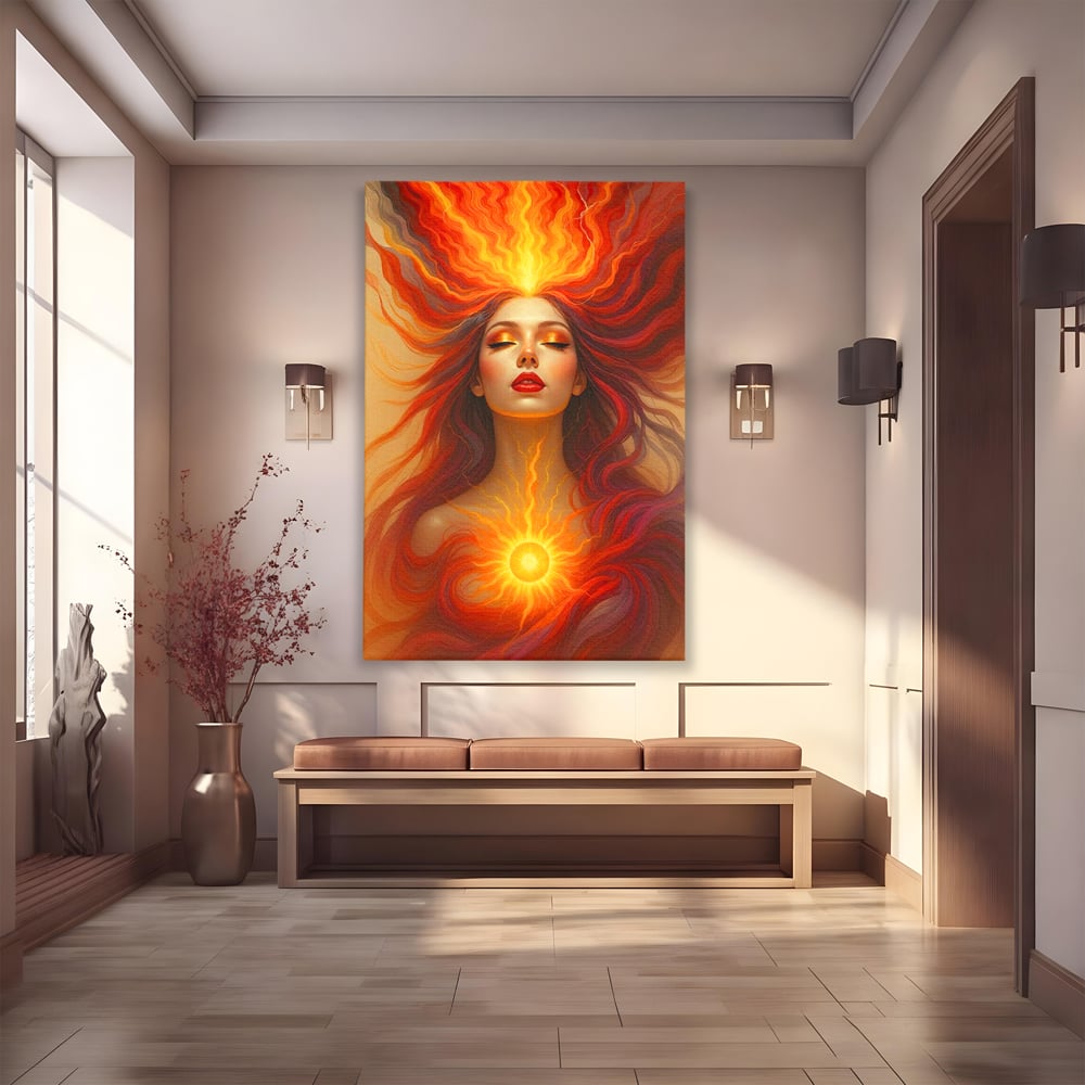 Leinwand Wandkunst Premium, LuxCanva® G1158, Göttin des Feuers, Flammen, Sonne, Chakren, Rot, Gold, Energie, Solar, Strahlen, Reinheit, Symbolik, Mystik, Aura, Meditation, Zen, Büro, Wohnen, Schlafzimmer