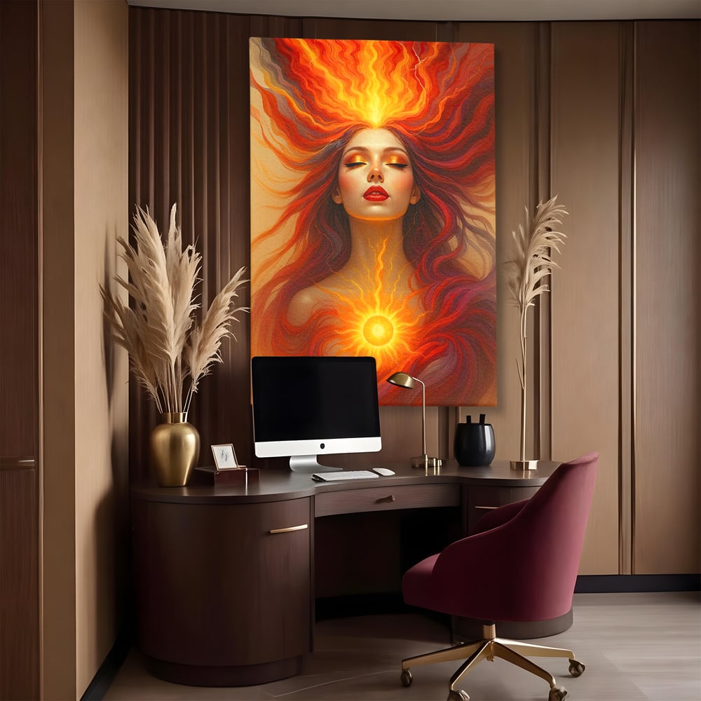 Leinwand Wandkunst Premium, LuxCanva® G1158, Göttin des Feuers, Flammen, Sonne, Chakren, Rot, Gold, Energie, Solar, Strahlen, Reinheit, Symbolik, Mystik, Aura, Meditation, Zen, Büro, Wohnen, Schlafzimmer