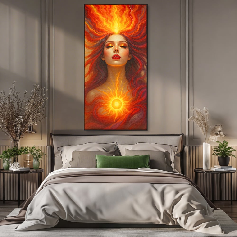 Leinwand Wandkunst Premium, LuxCanva® G1158, Göttin des Feuers, Flammen, Sonne, Chakren, Rot, Gold, Energie, Solar, Strahlen, Reinheit, Symbolik, Mystik, Aura, Meditation, Zen, Büro, Wohnen, Schlafzimmer