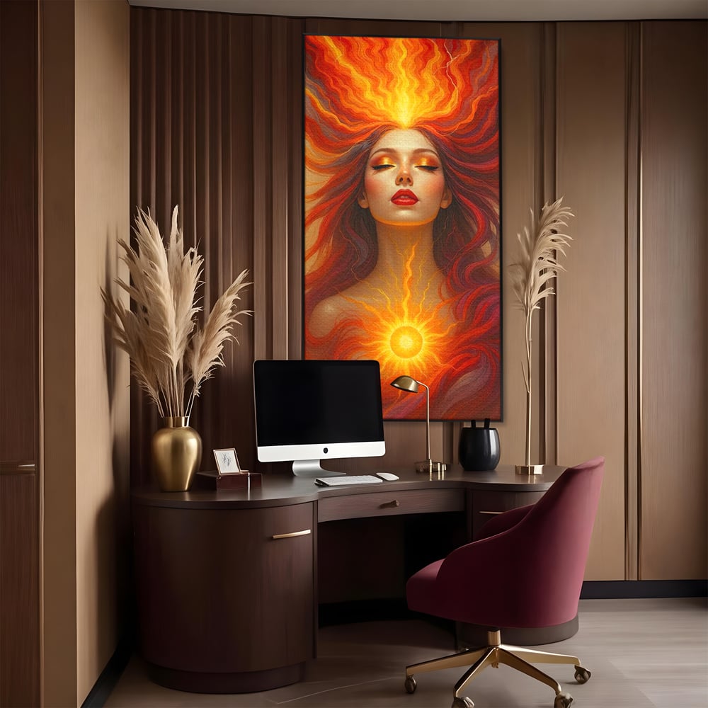 Leinwand Wandkunst Premium, LuxCanva® G1158, Göttin des Feuers, Flammen, Sonne, Chakren, Rot, Gold, Energie, Solar, Strahlen, Reinheit, Symbolik, Mystik, Aura, Meditation, Zen, Büro, Wohnen, Schlafzimmer