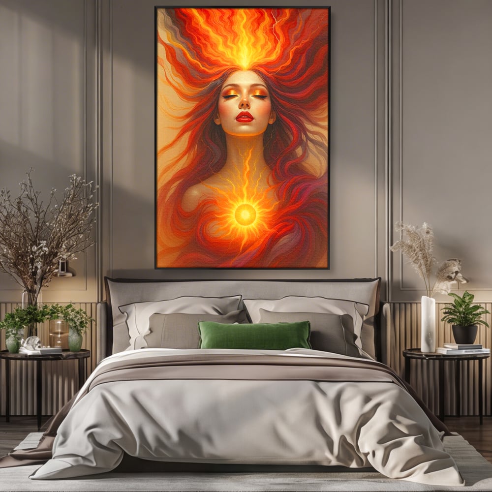 Leinwand Wandkunst Premium, LuxCanva® G1158, Göttin des Feuers, Flammen, Sonne, Chakren, Rot, Gold, Energie, Solar, Strahlen, Reinheit, Symbolik, Mystik, Aura, Meditation, Zen, Büro, Wohnen, Schlafzimmer