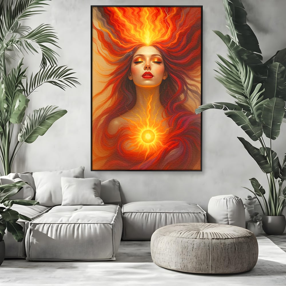 Leinwand Wandkunst Premium, LuxCanva® G1158, Göttin des Feuers, Flammen, Sonne, Chakren, Rot, Gold, Energie, Solar, Strahlen, Reinheit, Symbolik, Mystik, Aura, Meditation, Zen, Büro, Wohnen, Schlafzimmer