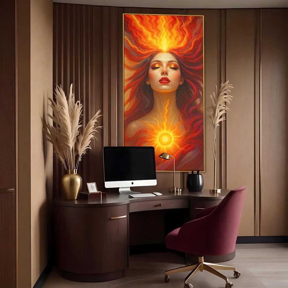 Leinwand Wandkunst Premium, LuxCanva® G1158, Göttin des Feuers, Flammen, Sonne, Chakren, Rot, Gold, Energie, Solar, Strahlen, Reinheit, Symbolik, Mystik, Aura, Meditation, Zen, Büro, Wohnen, Schlafzimmer