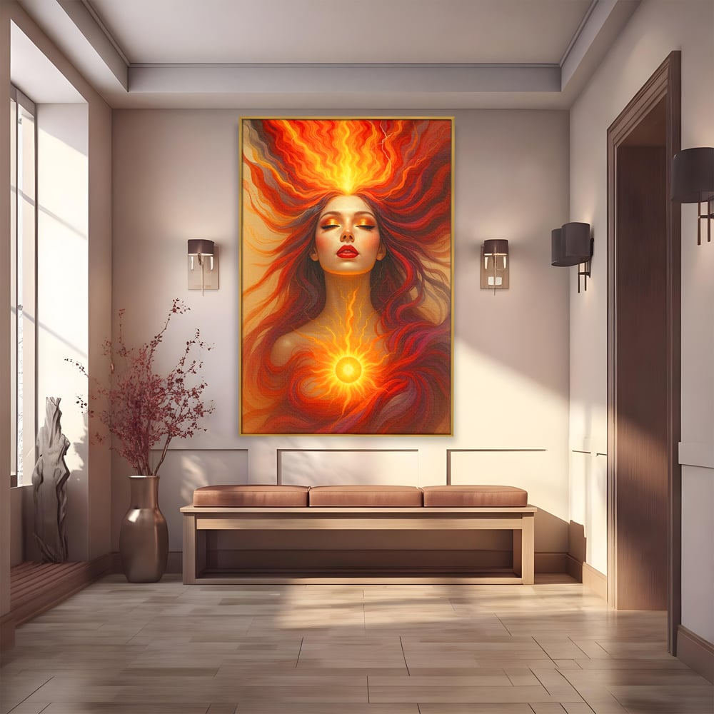Leinwand Wandkunst Premium, LuxCanva® G1158, Göttin des Feuers, Flammen, Sonne, Chakren, Rot, Gold, Energie, Solar, Strahlen, Reinheit, Symbolik, Mystik, Aura, Meditation, Zen, Büro, Wohnen, Schlafzimmer
