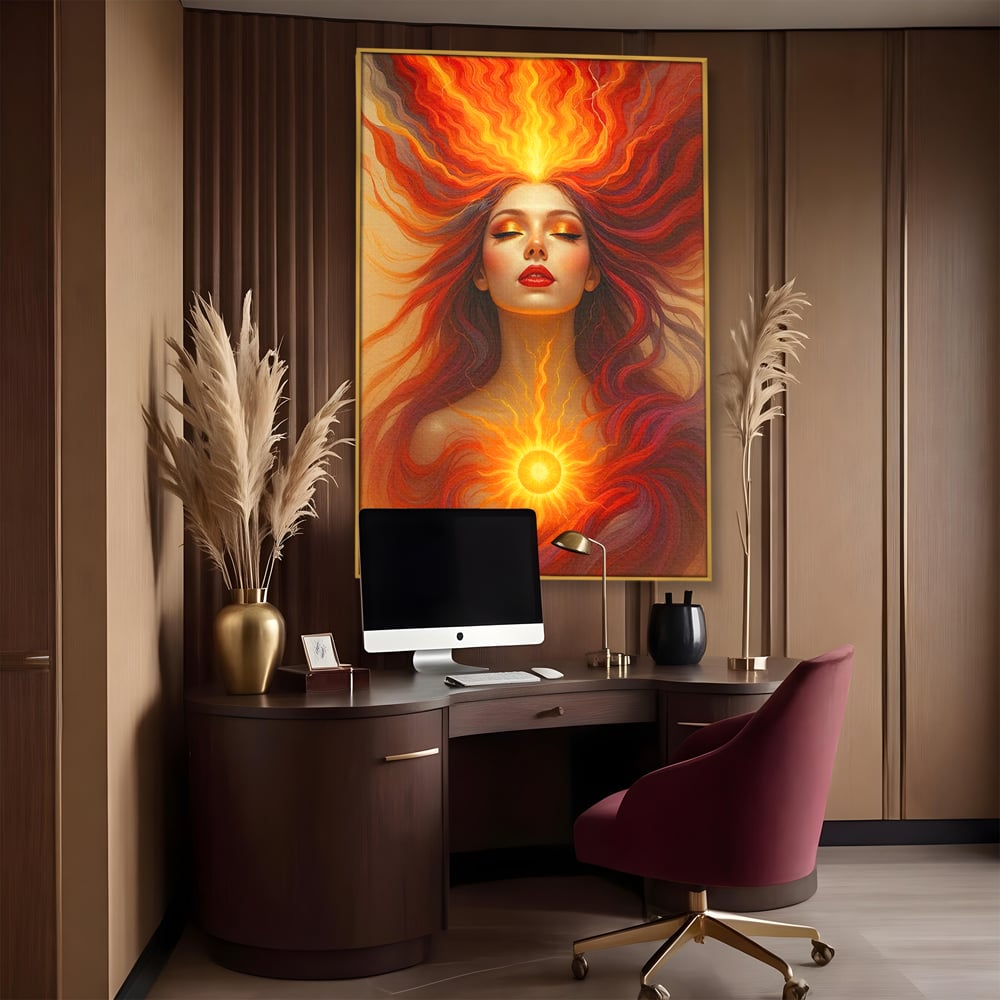 Leinwand Wandkunst Premium, LuxCanva® G1158, Göttin des Feuers, Flammen, Sonne, Chakren, Rot, Gold, Energie, Solar, Strahlen, Reinheit, Symbolik, Mystik, Aura, Meditation, Zen, Büro, Wohnen, Schlafzimmer