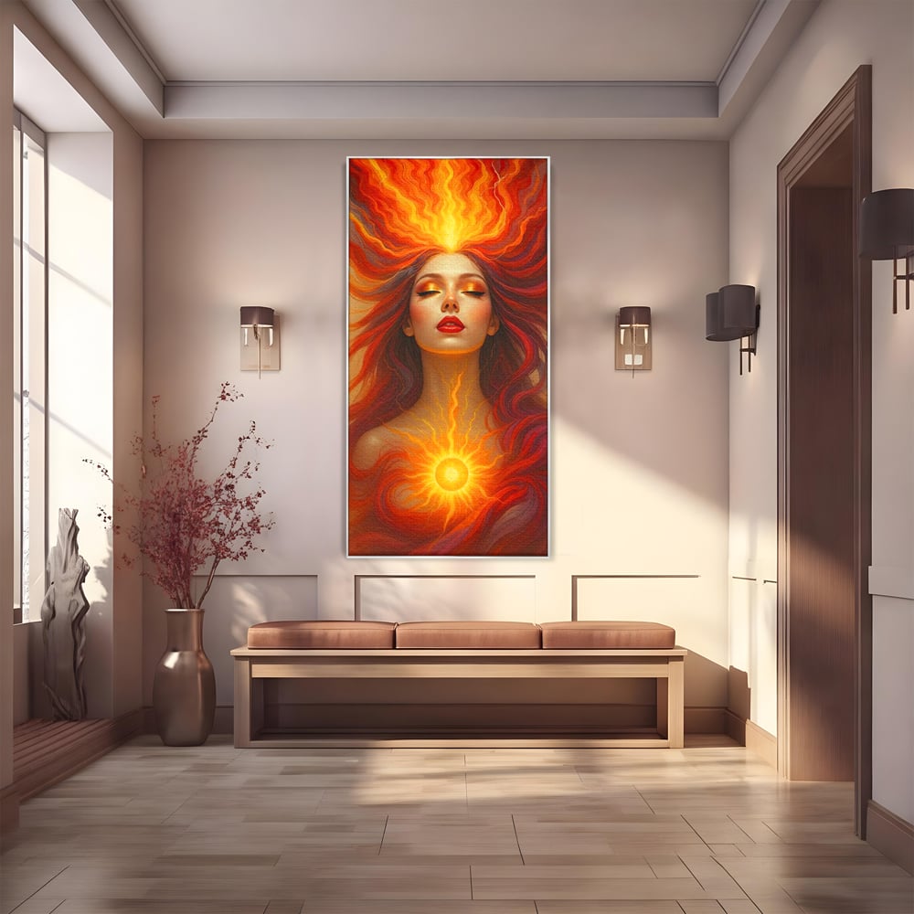 Leinwand Wandkunst Premium, LuxCanva® G1158, Göttin des Feuers, Flammen, Sonne, Chakren, Rot, Gold, Energie, Solar, Strahlen, Reinheit, Symbolik, Mystik, Aura, Meditation, Zen, Büro, Wohnen, Schlafzimmer