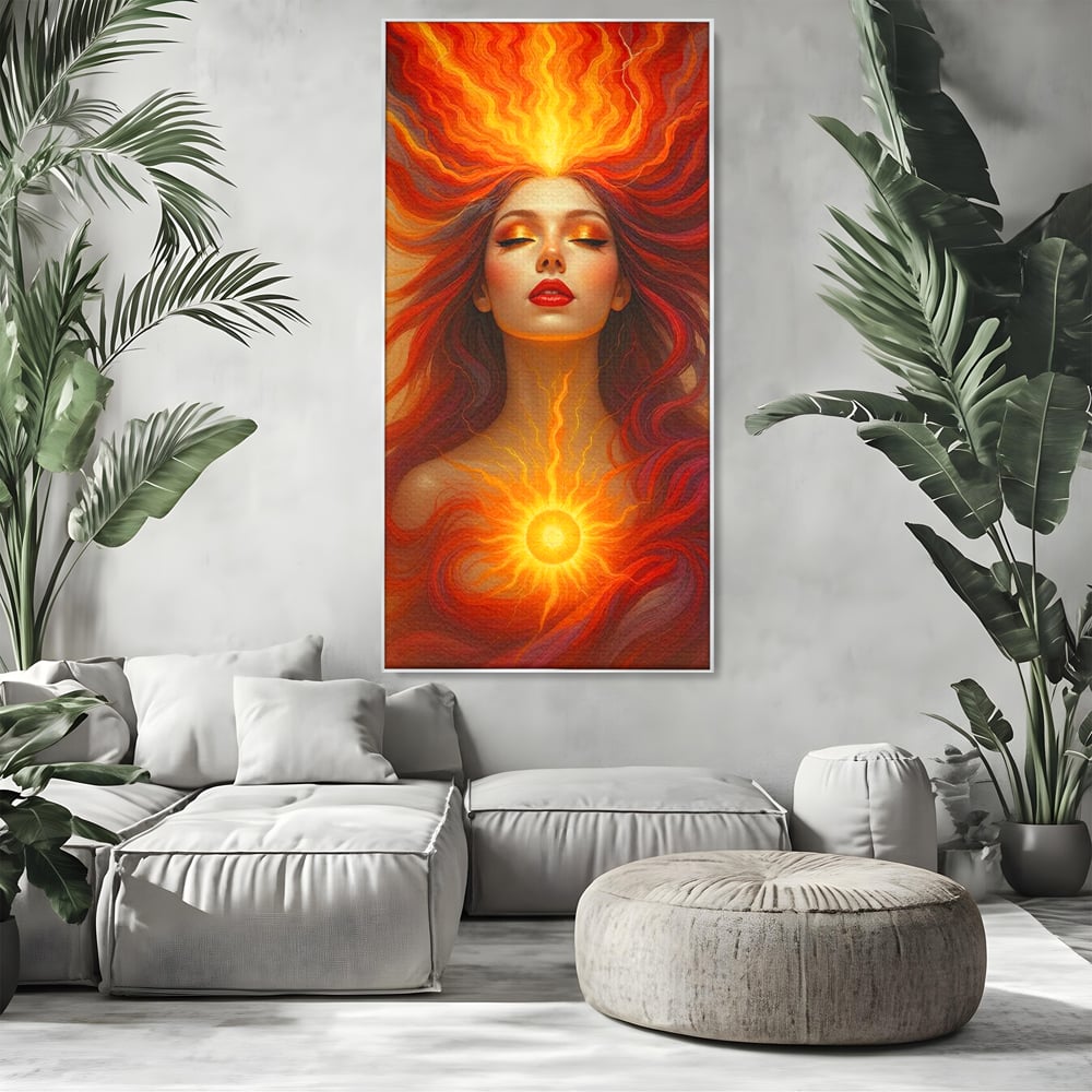 Leinwand Wandkunst Premium, LuxCanva® G1158, Göttin des Feuers, Flammen, Sonne, Chakren, Rot, Gold, Energie, Solar, Strahlen, Reinheit, Symbolik, Mystik, Aura, Meditation, Zen, Büro, Wohnen, Schlafzimmer