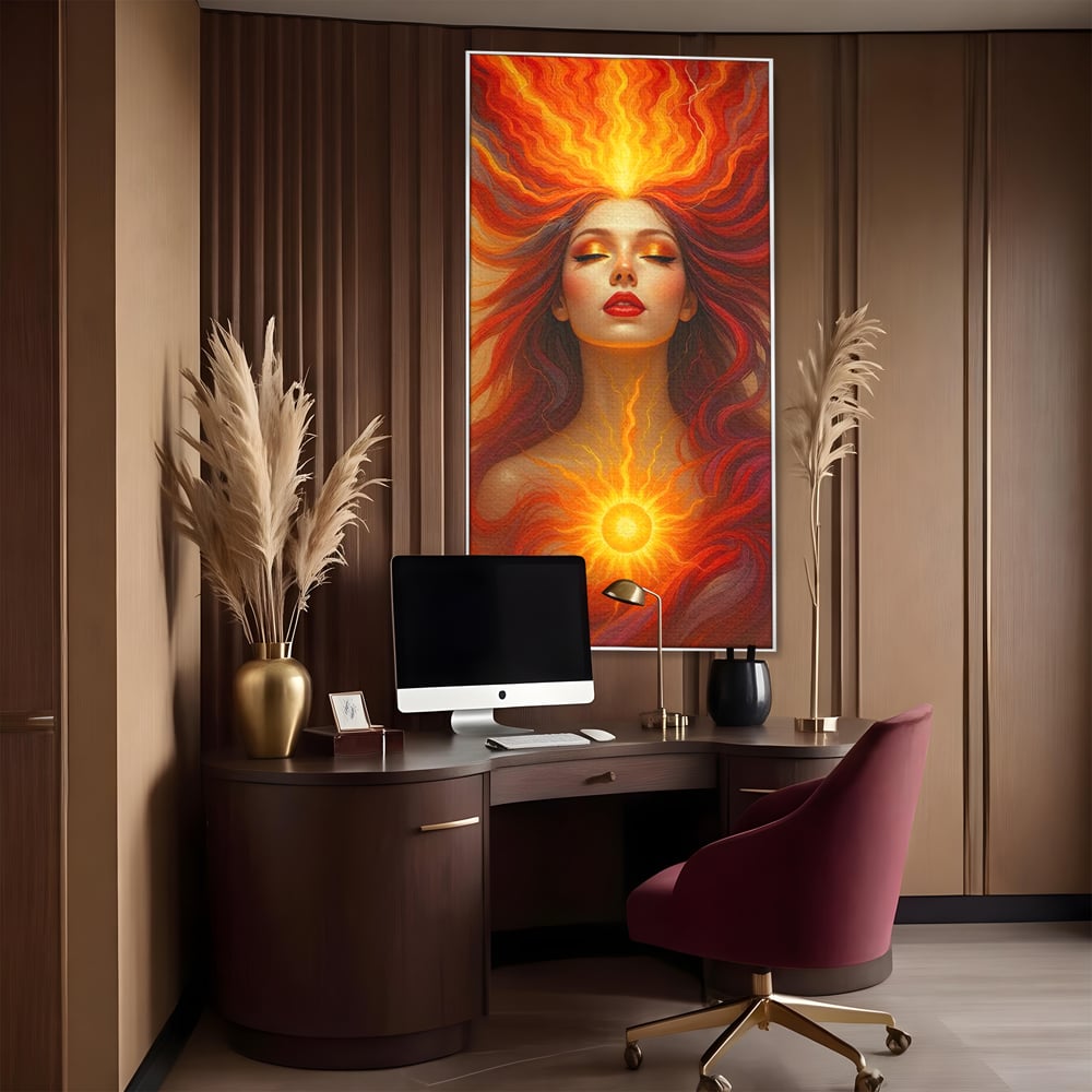 Leinwand Wandkunst Premium, LuxCanva® G1158, Göttin des Feuers, Flammen, Sonne, Chakren, Rot, Gold, Energie, Solar, Strahlen, Reinheit, Symbolik, Mystik, Aura, Meditation, Zen, Büro, Wohnen, Schlafzimmer
