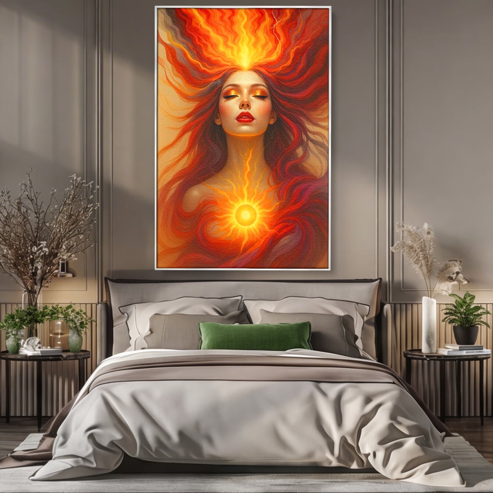Leinwand Wandkunst Premium, LuxCanva® G1158, Göttin des Feuers, Flammen, Sonne, Chakren, Rot, Gold, Energie, Solar, Strahlen, Reinheit, Symbolik, Mystik, Aura, Meditation, Zen, Büro, Wohnen, Schlafzimmer