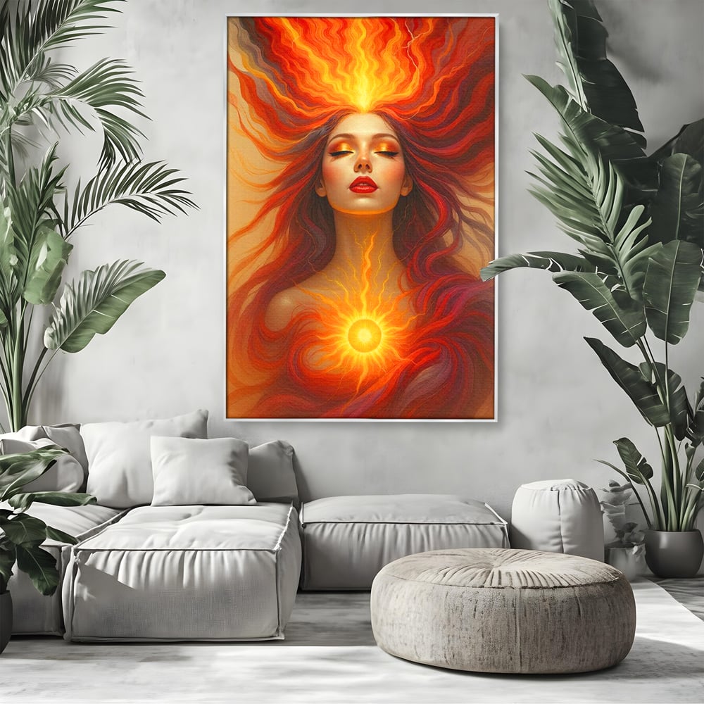 Leinwand Wandkunst Premium, LuxCanva® G1158, Göttin des Feuers, Flammen, Sonne, Chakren, Rot, Gold, Energie, Solar, Strahlen, Reinheit, Symbolik, Mystik, Aura, Meditation, Zen, Büro, Wohnen, Schlafzimmer