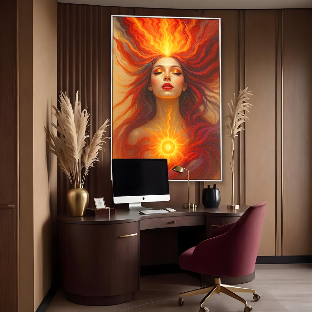 Leinwand Wandkunst Premium, LuxCanva® G1158, Göttin des Feuers, Flammen, Sonne, Chakren, Rot, Gold, Energie, Solar, Strahlen, Reinheit, Symbolik, Mystik, Aura, Meditation, Zen, Büro, Wohnen, Schlafzimmer