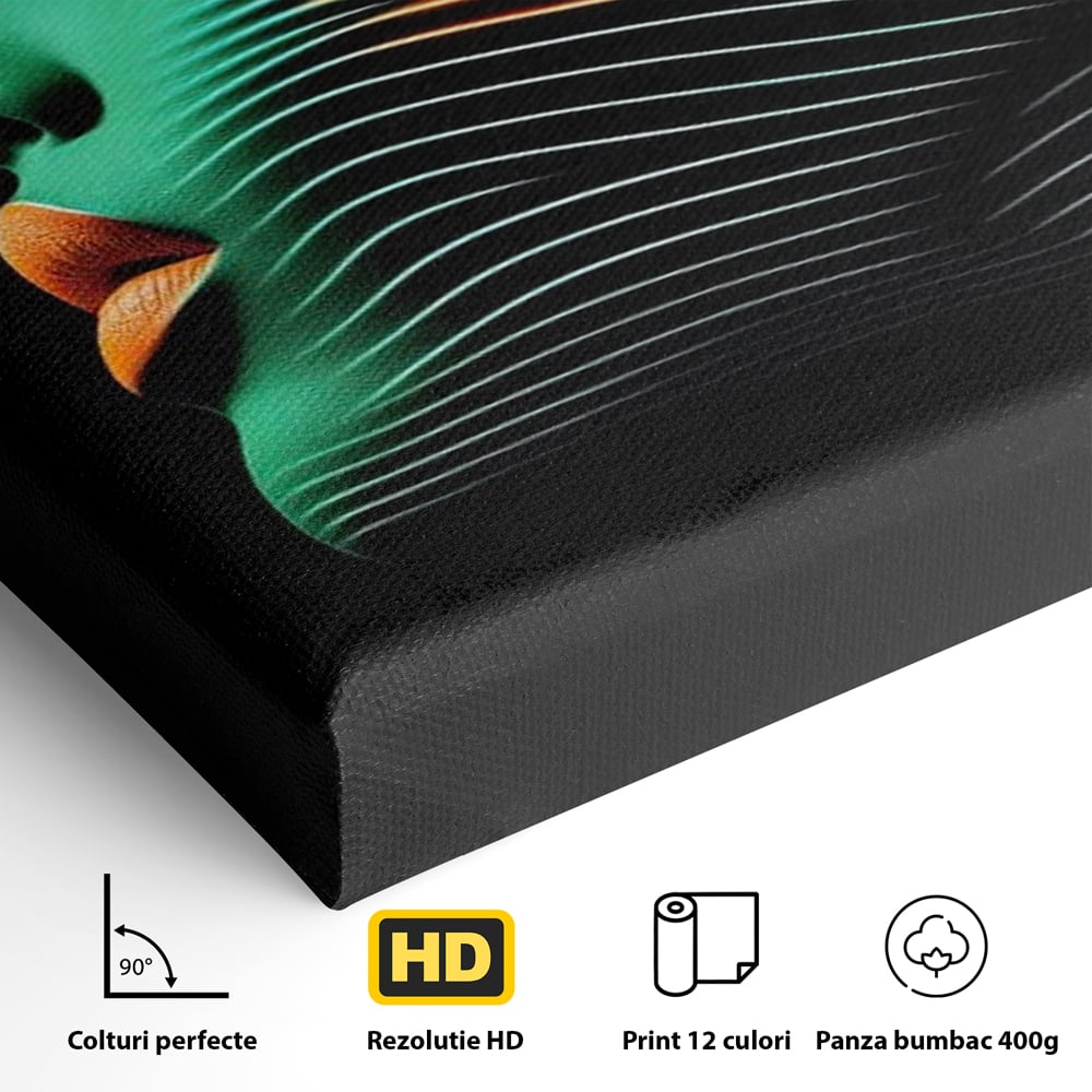 Tablou Canvas Premium, LuxCanva® G1159, Metamorfoza Verdelui, Modern, Expresiv, Portret, Verde, Negru, Futurist, Culori, Efecte, Vibrante, Optic, Raze, Profil, Femeie, Birou, Living, Dormitor