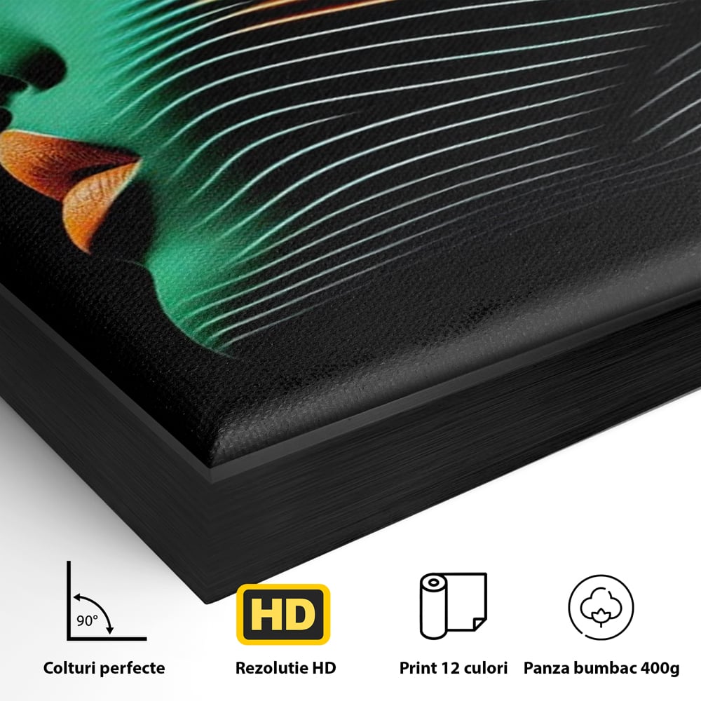 Tablou Canvas Premium, LuxCanva® G1159, Metamorfoza Verdelui, Modern, Expresiv, Portret, Verde, Negru, Futurist, Culori, Efecte, Vibrante, Optic, Raze, Profil, Femeie, Birou, Living, Dormitor