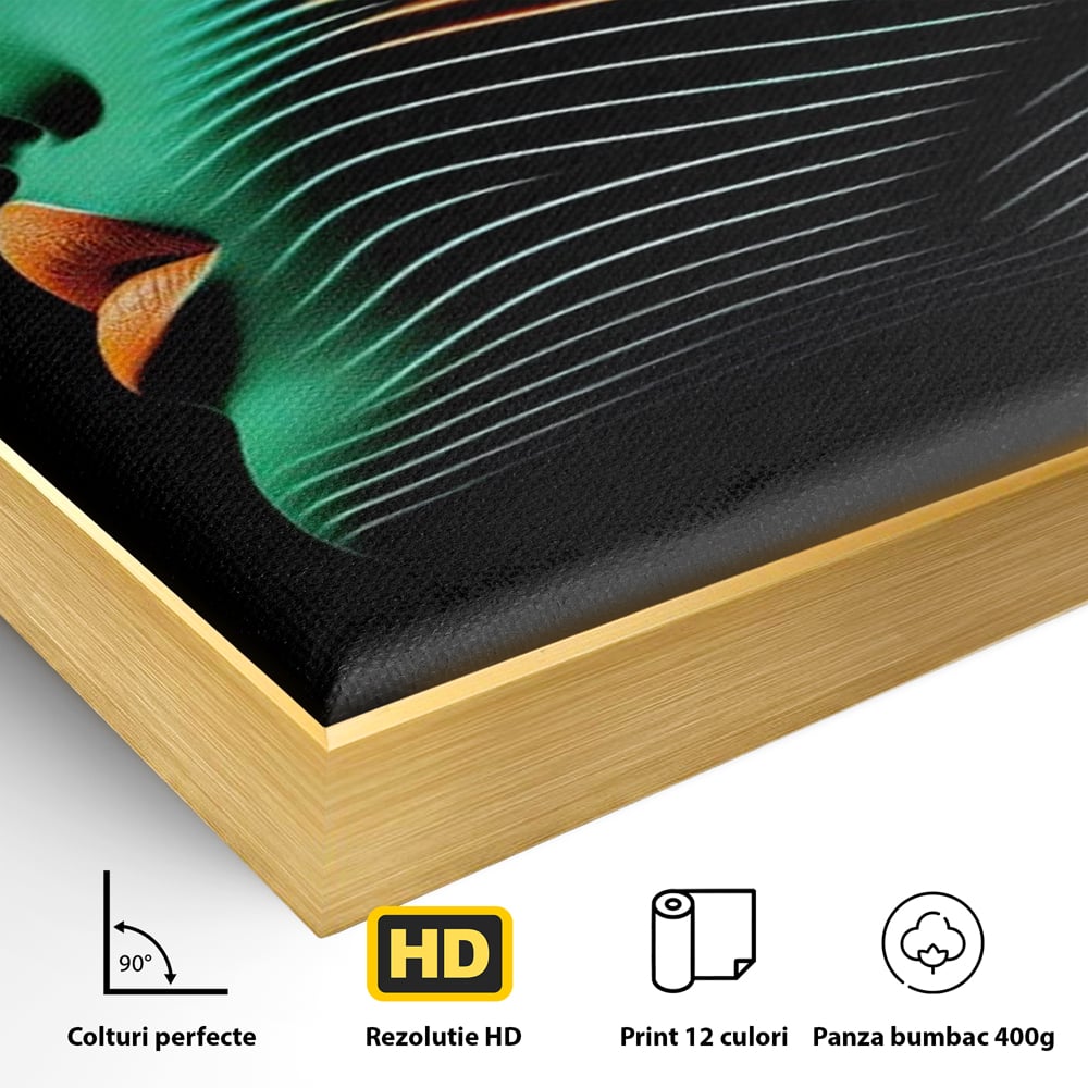 Tablou Canvas Premium, LuxCanva® G1159, Metamorfoza Verdelui, Modern, Expresiv, Portret, Verde, Negru, Futurist, Culori, Efecte, Vibrante, Optic, Raze, Profil, Femeie, Birou, Living, Dormitor