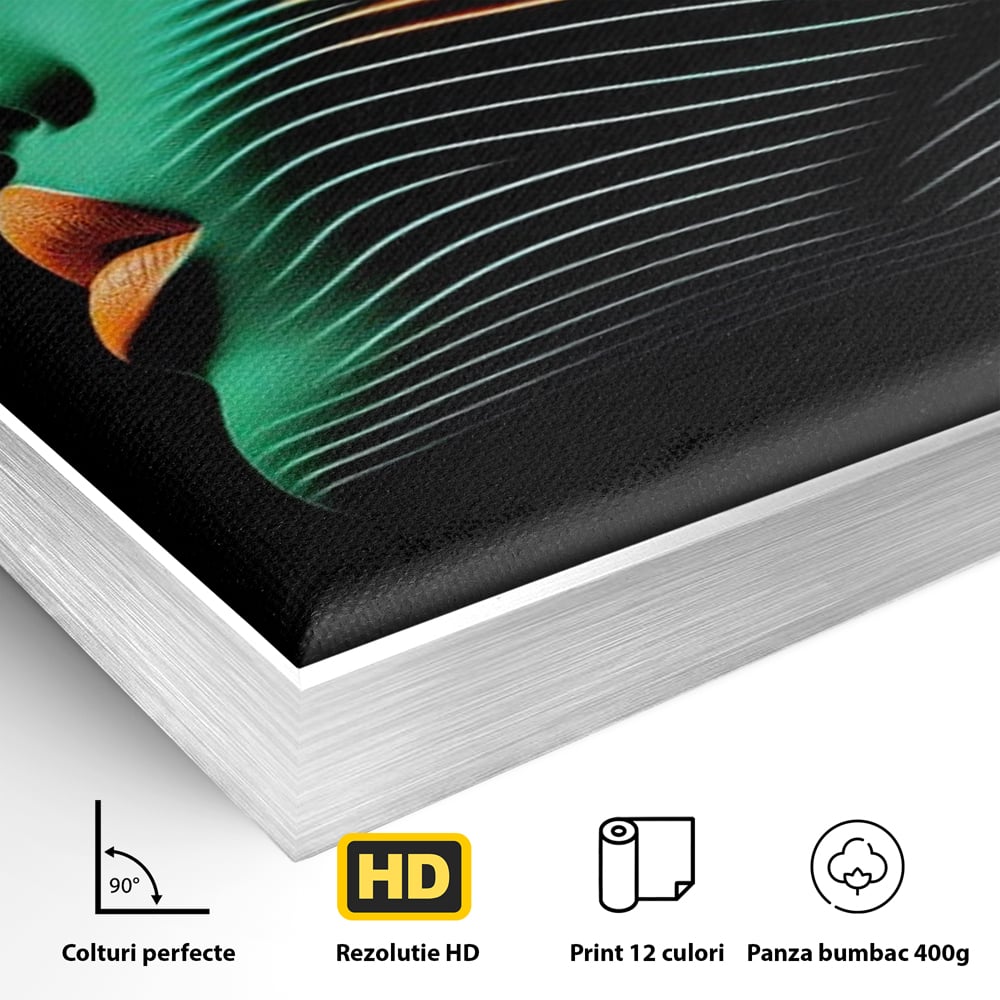 Tablou Canvas Premium, LuxCanva® G1159, Metamorfoza Verdelui, Modern, Expresiv, Portret, Verde, Negru, Futurist, Culori, Efecte, Vibrante, Optic, Raze, Profil, Femeie, Birou, Living, Dormitor