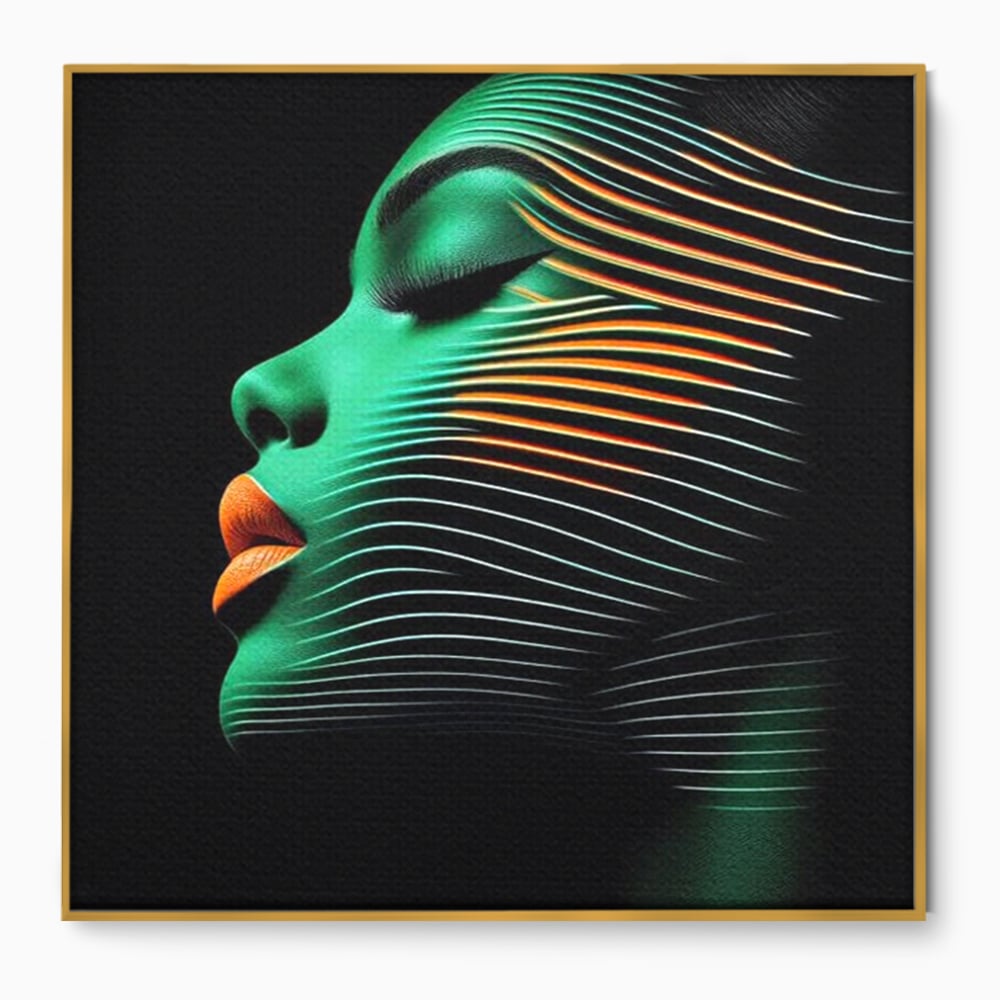 Tablou Canvas Premium, LuxCanva® G1159, Metamorfoza Verdelui, Modern, Expresiv, Portret, Verde, Negru, Futurist, Culori, Efecte, Vibrante, Optic, Raze, Profil, Femeie, Birou, Living, Dormitor