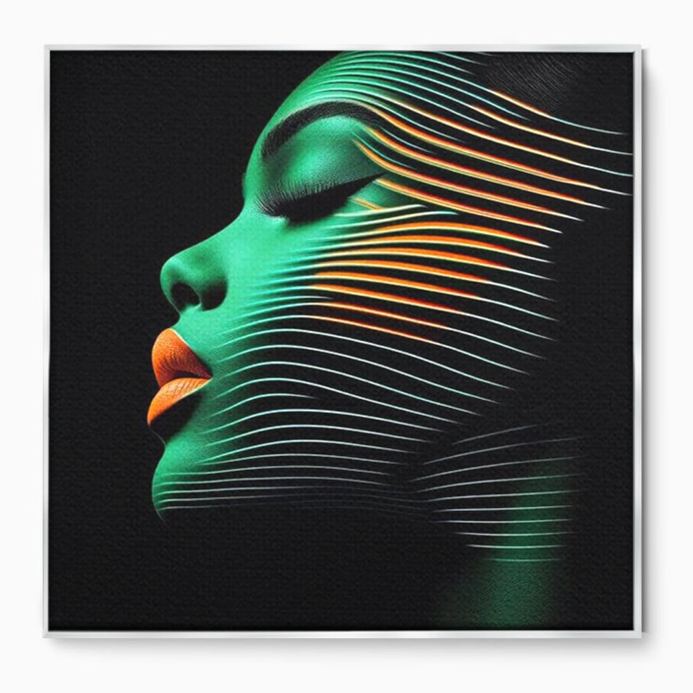 Tablou Canvas Premium, LuxCanva® G1159, Metamorfoza Verdelui, Modern, Expresiv, Portret, Verde, Negru, Futurist, Culori, Efecte, Vibrante, Optic, Raze, Profil, Femeie, Birou, Living, Dormitor
