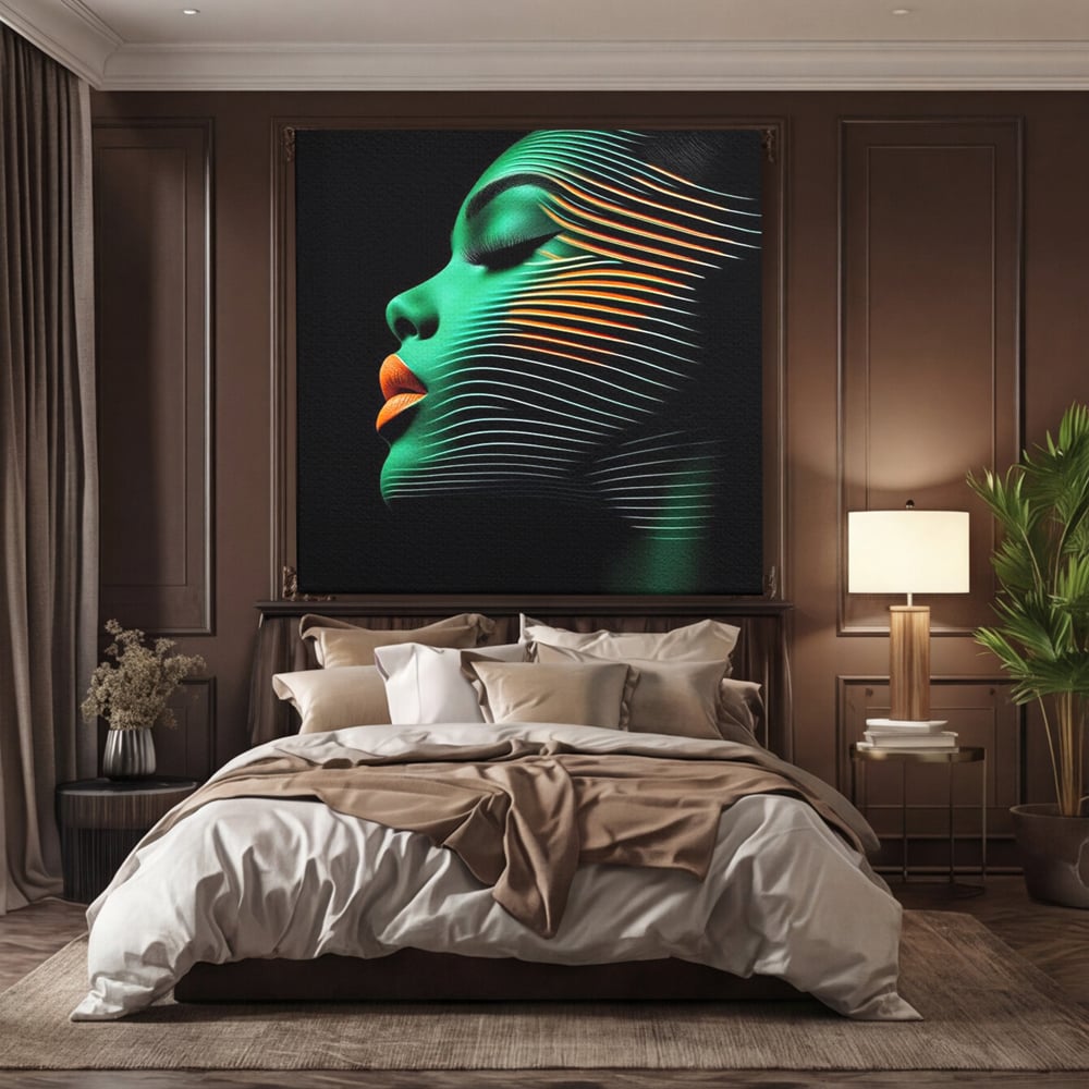 Tablou Canvas Premium, LuxCanva® G1159, Metamorfoza Verdelui, Modern, Expresiv, Portret, Verde, Negru, Futurist, Culori, Efecte, Vibrante, Optic, Raze, Profil, Femeie, Birou, Living, Dormitor
