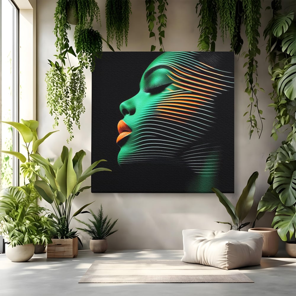 Tablou Canvas Premium, LuxCanva® G1159, Metamorfoza Verdelui, Modern, Expresiv, Portret, Verde, Negru, Futurist, Culori, Efecte, Vibrante, Optic, Raze, Profil, Femeie, Birou, Living, Dormitor