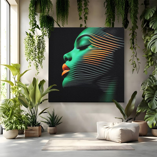 Tablou Canvas Premium, LuxCanva® G1159, Metamorfoza Verdelui, Modern, Expresiv, Portret, Verde, Negru, Futurist, Culori, Efecte, Vibrante, Optic, Raze, Profil, Femeie, Birou, Living, Dormitor