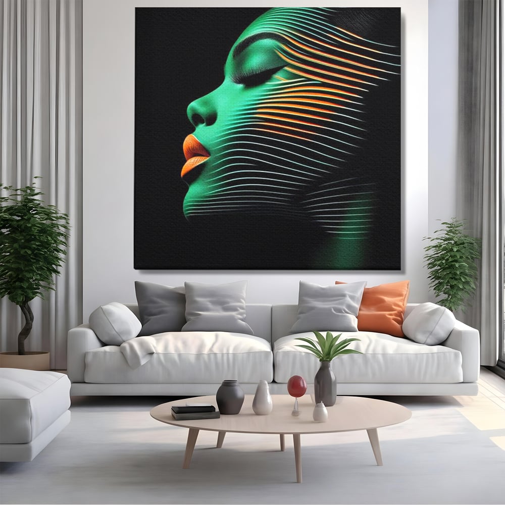 Tablou Canvas Premium, LuxCanva® G1159, Metamorfoza Verdelui, Modern, Expresiv, Portret, Verde, Negru, Futurist, Culori, Efecte, Vibrante, Optic, Raze, Profil, Femeie, Birou, Living, Dormitor