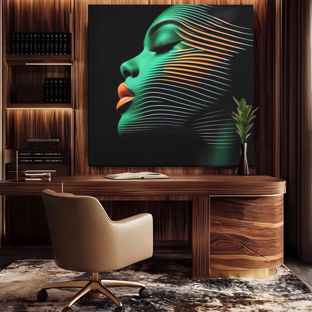 Tablou Canvas Premium, LuxCanva® G1159, Metamorfoza Verdelui, Modern, Expresiv, Portret, Verde, Negru, Futurist, Culori, Efecte, Vibrante, Optic, Raze, Profil, Femeie, Birou, Living, Dormitor