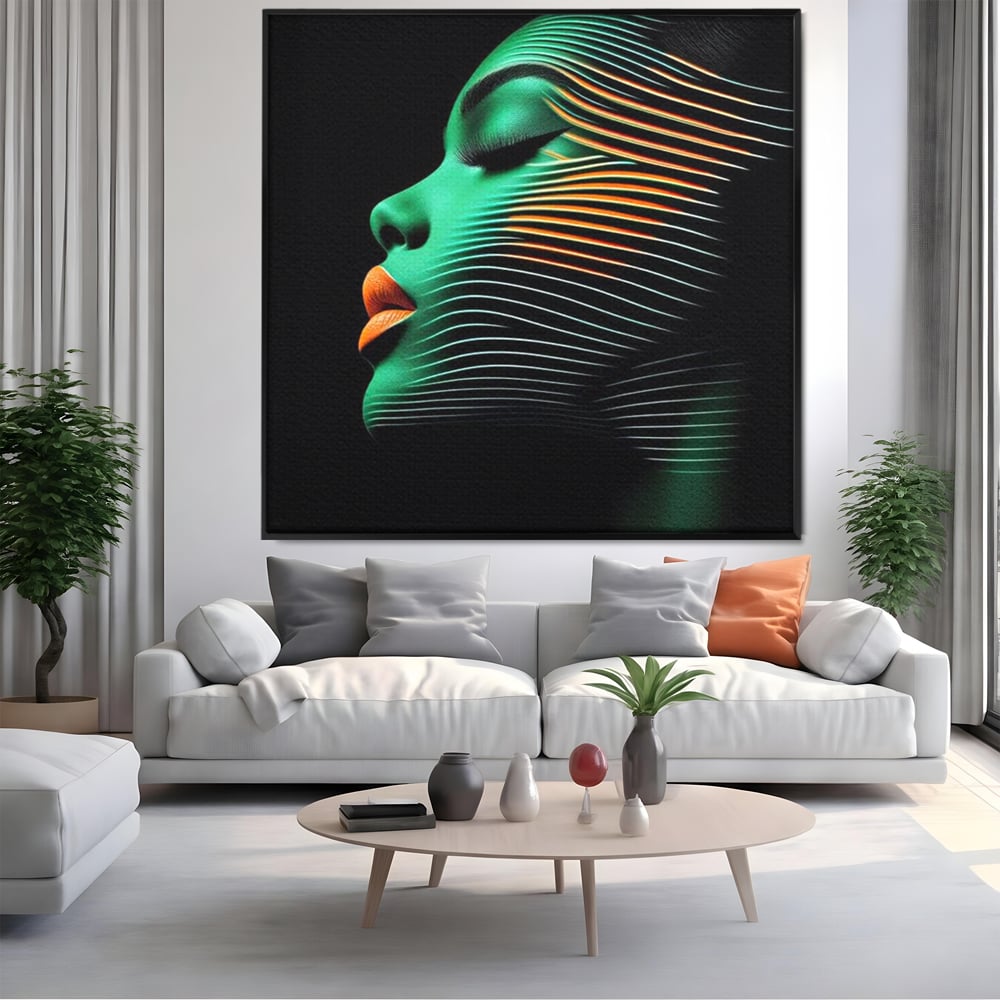 Tablou Canvas Premium, LuxCanva® G1159, Metamorfoza Verdelui, Modern, Expresiv, Portret, Verde, Negru, Futurist, Culori, Efecte, Vibrante, Optic, Raze, Profil, Femeie, Birou, Living, Dormitor