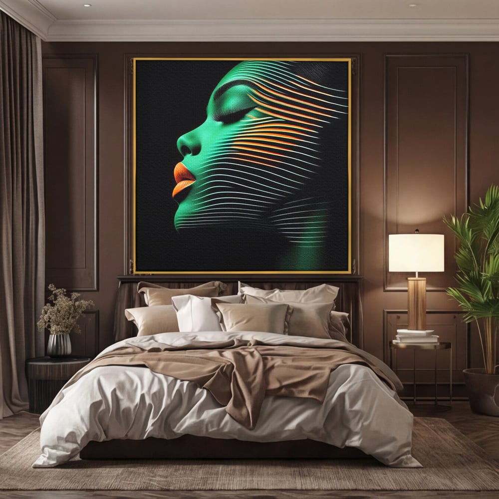 Tablou Canvas Premium, LuxCanva® G1159, Metamorfoza Verdelui, Modern, Expresiv, Portret, Verde, Negru, Futurist, Culori, Efecte, Vibrante, Optic, Raze, Profil, Femeie, Birou, Living, Dormitor