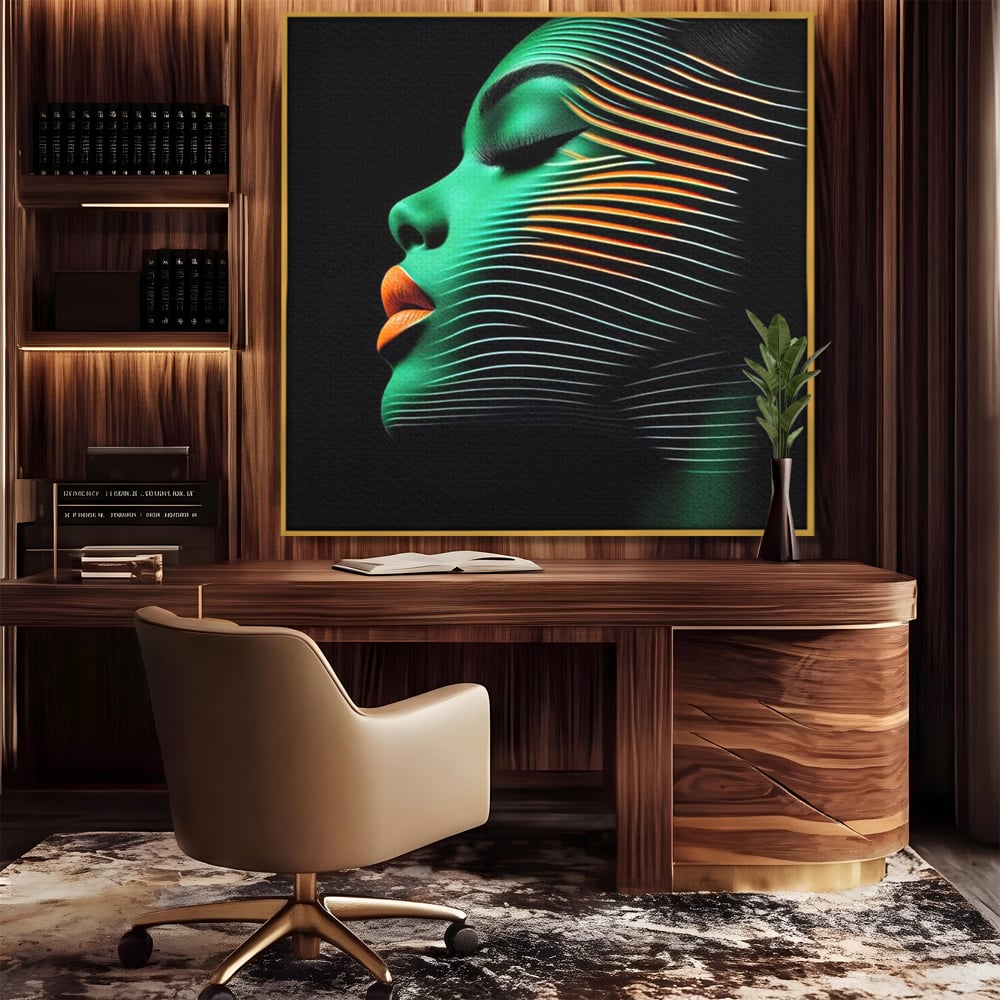 Tablou Canvas Premium, LuxCanva® G1159, Metamorfoza Verdelui, Modern, Expresiv, Portret, Verde, Negru, Futurist, Culori, Efecte, Vibrante, Optic, Raze, Profil, Femeie, Birou, Living, Dormitor