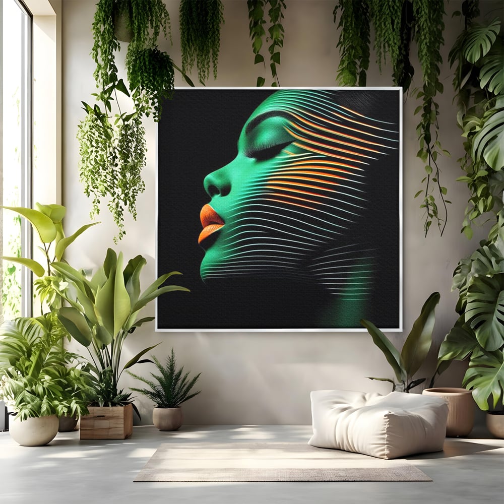 Tablou Canvas Premium, LuxCanva® G1159, Metamorfoza Verdelui, Modern, Expresiv, Portret, Verde, Negru, Futurist, Culori, Efecte, Vibrante, Optic, Raze, Profil, Femeie, Birou, Living, Dormitor