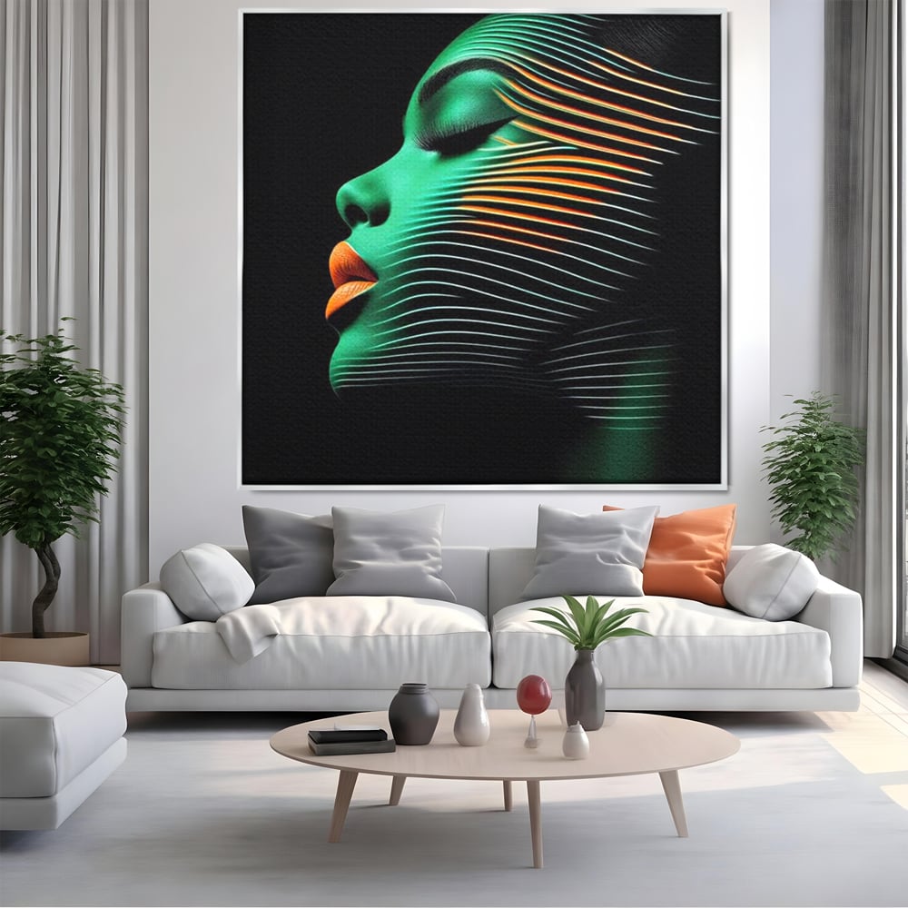 Tablou Canvas Premium, LuxCanva® G1159, Metamorfoza Verdelui, Modern, Expresiv, Portret, Verde, Negru, Futurist, Culori, Efecte, Vibrante, Optic, Raze, Profil, Femeie, Birou, Living, Dormitor
