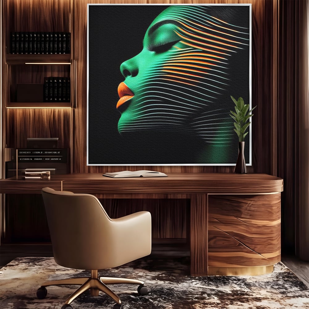 Tablou Canvas Premium, LuxCanva® G1159, Metamorfoza Verdelui, Modern, Expresiv, Portret, Verde, Negru, Futurist, Culori, Efecte, Vibrante, Optic, Raze, Profil, Femeie, Birou, Living, Dormitor
