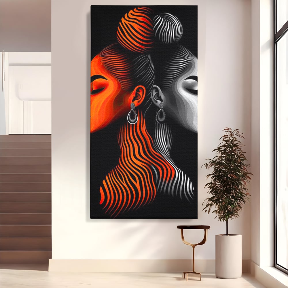 Tablou Canvas Premium, LuxCanva® G1161, Yin si Yang Feminin, Dualitate, Fete, Frumusete, Foc, Gheata, Opozitie, Dubla, Identitate, Lumini, Umbre, Stilizat, Armonie, Birou, Living, Dormitor
