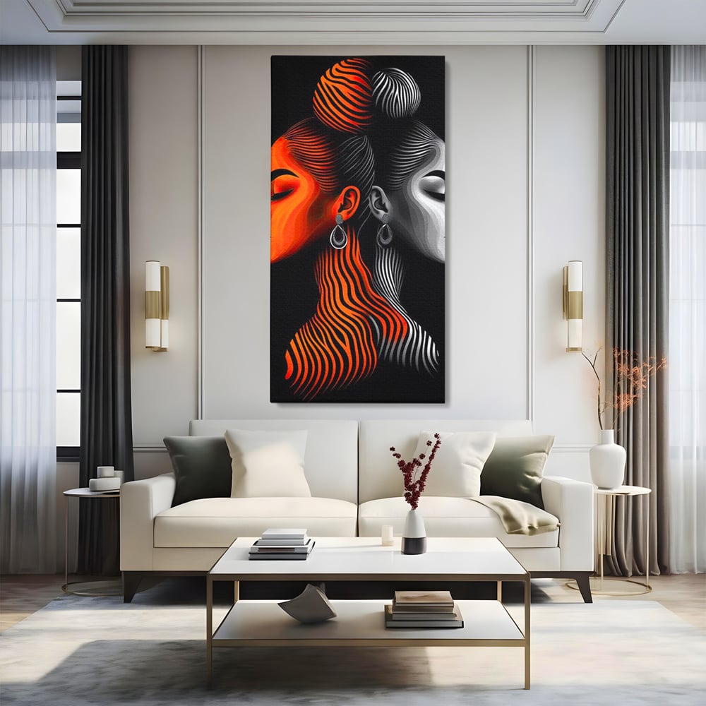 Tablou Canvas Premium, LuxCanva® G1161, Yin si Yang Feminin, Dualitate, Fete, Frumusete, Foc, Gheata, Opozitie, Dubla, Identitate, Lumini, Umbre, Stilizat, Armonie, Birou, Living, Dormitor