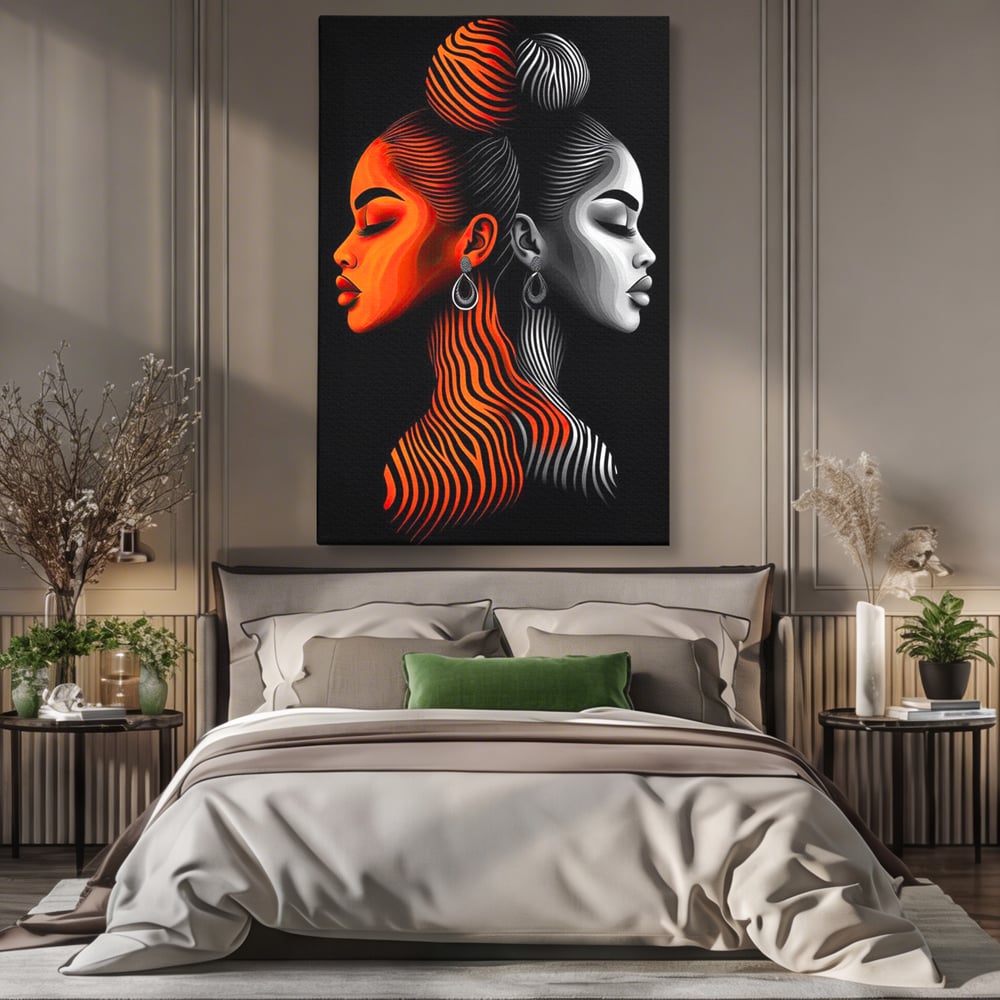 Tablou Canvas Premium, LuxCanva® G1161, Yin si Yang Feminin, Dualitate, Fete, Frumusete, Foc, Gheata, Opozitie, Dubla, Identitate, Lumini, Umbre, Stilizat, Armonie, Birou, Living, Dormitor