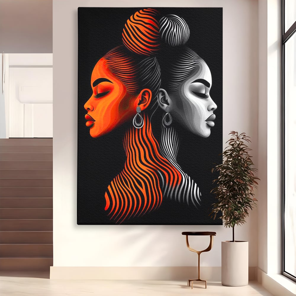 Tablou Canvas Premium, LuxCanva® G1161, Yin si Yang Feminin, Dualitate, Fete, Frumusete, Foc, Gheata, Opozitie, Dubla, Identitate, Lumini, Umbre, Stilizat, Armonie, Birou, Living, Dormitor