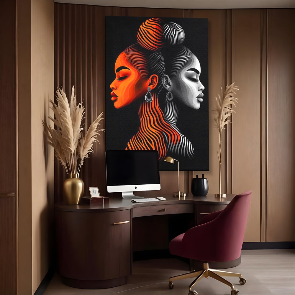 Tablou Canvas Premium, LuxCanva® G1161, Yin si Yang Feminin, Dualitate, Fete, Frumusete, Foc, Gheata, Opozitie, Dubla, Identitate, Lumini, Umbre, Stilizat, Armonie, Birou, Living, Dormitor